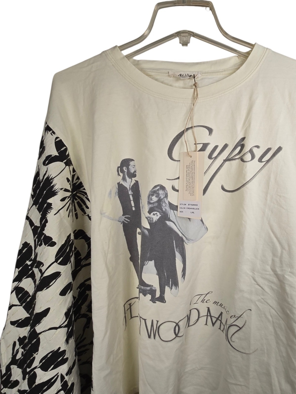 Fleetwood Mac Graphic Cream Tee with Black Floral Kimono Sleeves L/xl - Picture 3 of 6